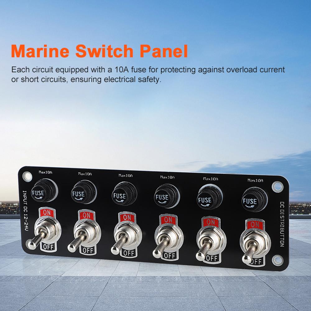 Marine Toggle Switch Panel 6 Gang Boat Electrical Panel Waterproof ON OFF Rocker Switch with 10A Fuses for 12 24V Car