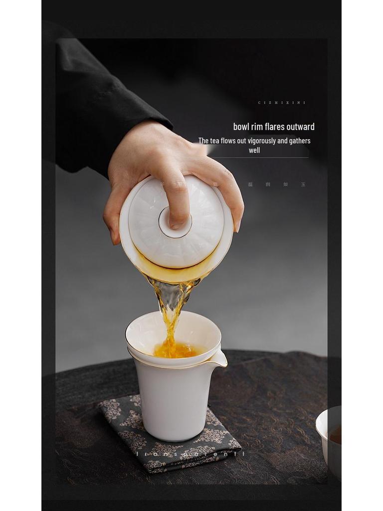 Mutton Fat Jade Dehua White Porcelain Tea Set: 10-Piece Gaiwan for Corporate or Household Gifts