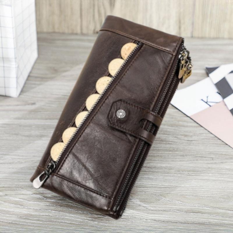 Triple Layer Zipper Women Long Wallet Old Fashioned Genuine Leather Ladies 3 Fold Coin Purse RFID Anti-theft Money Clips Card Holder Bag for Wife Gift