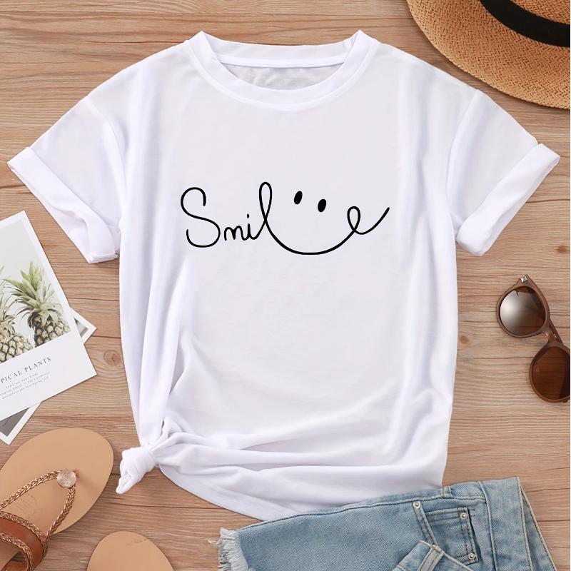 T-Shirt mit Buchstabenaufdruck und Rundhalsausschnitt, lässiges Kurzarm-Oberteil für Frühling & Sommer, Damenbekleidung