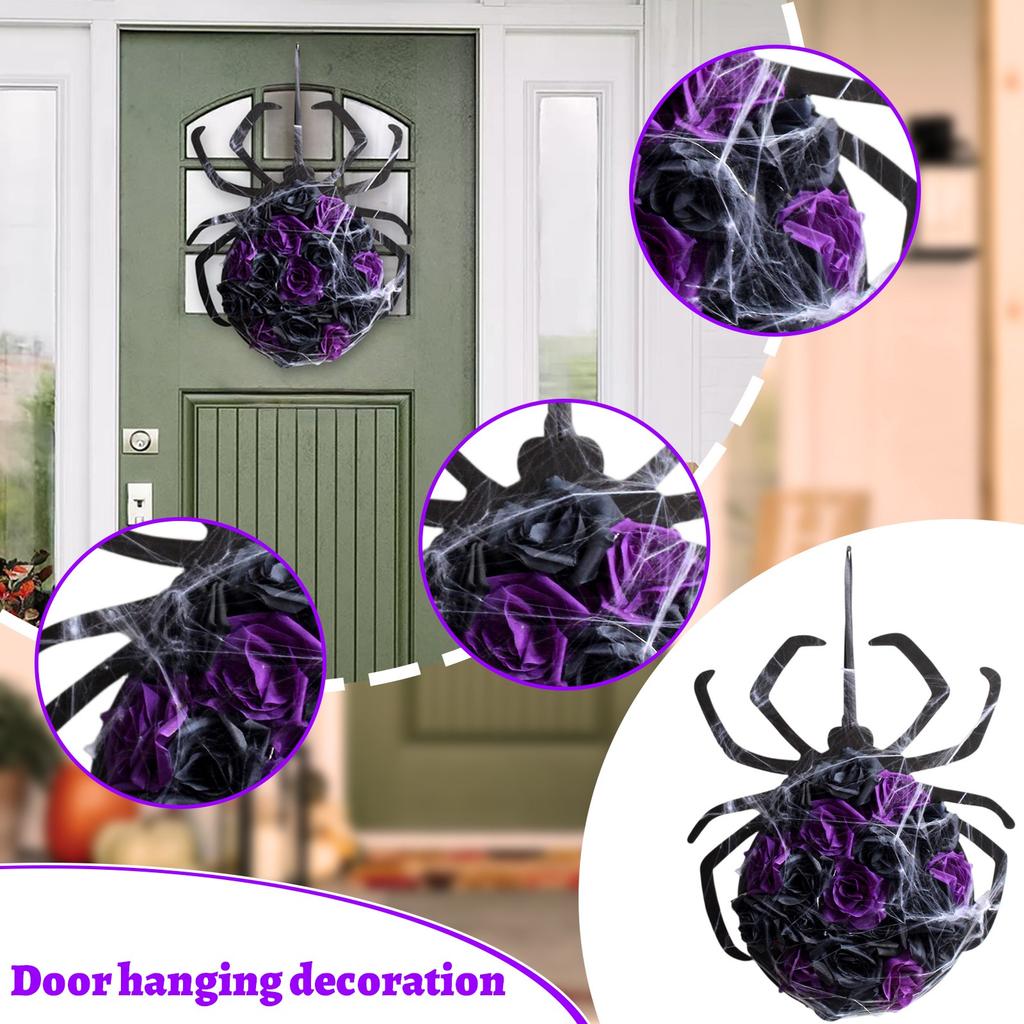 Spider Wreath Door Hanging Decoration, Artificial Rose, Spider Horror Party Decoration.