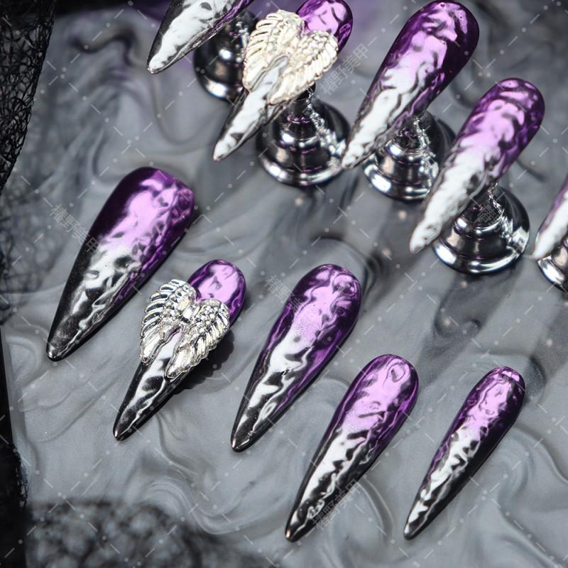 Handmade Press-On Nails With 3D Embossed Wing Design Purple A2973 Long Pointed Acrylic False Women Sweet Punk