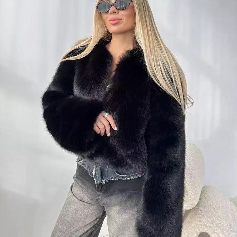 KOSY Autumn Winter Women Faux Fur Jacket Open Front Fluffy Long Hair Cropped Coat Black White