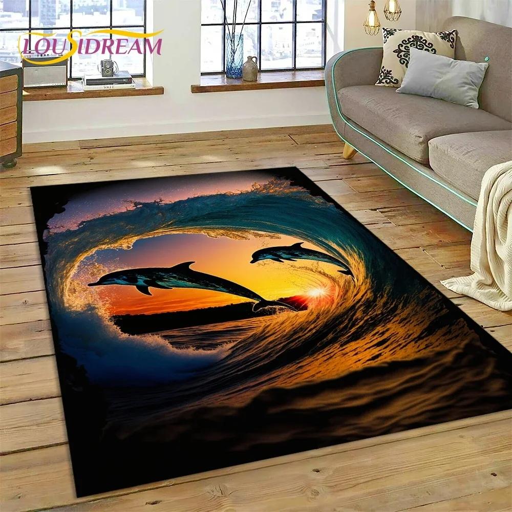 Tappeto Moquette 3D Mondo Sottomarino Fondale Marino Delfino Cartone Animato per Camera da Letto Soggiorno Decorazione Casa Divano, Bambino Grande Decor Tappetino Pavimento
