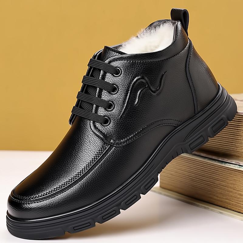 Fashion Classic Brand Simple Black Men's Business Casual Shoes Leather High Top Shoes Winter New Men's Velvet Cotton Shoes Thick Sole