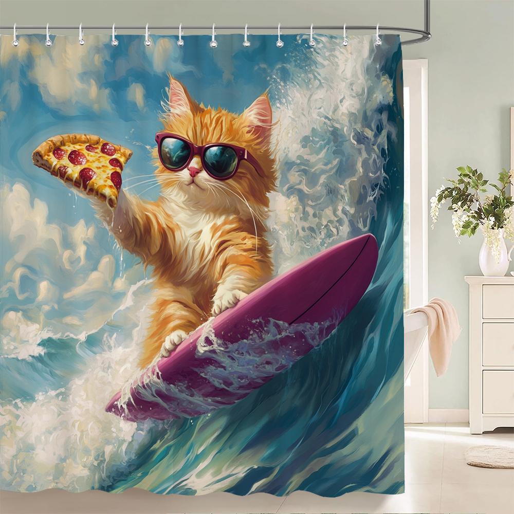Funny and Creative Beach Cats and Dogs Fabric Shower Curtain Waterproof Polyester Bath Curtains for Bathroom Decorate with Hooks