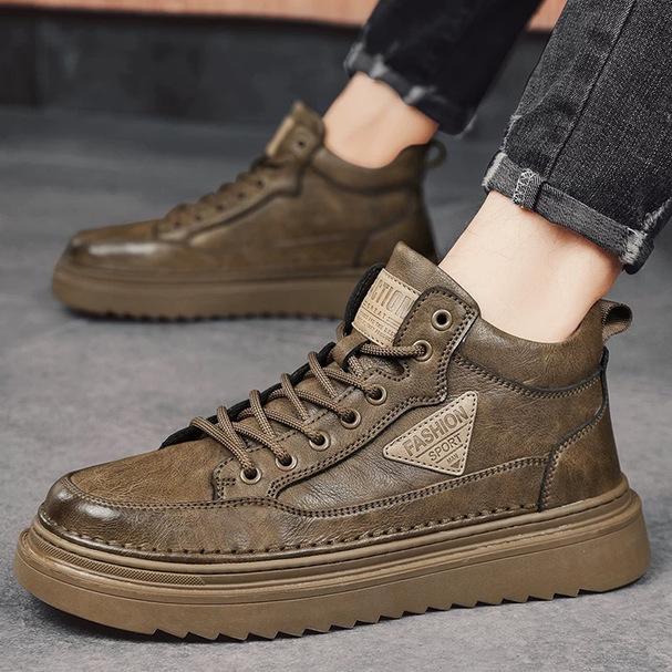 Spring Autumn New Ankle Boots, Men's Trendy and Versatile Thick-soled Casual Leather Shoes Workwear and Board Shoes H278