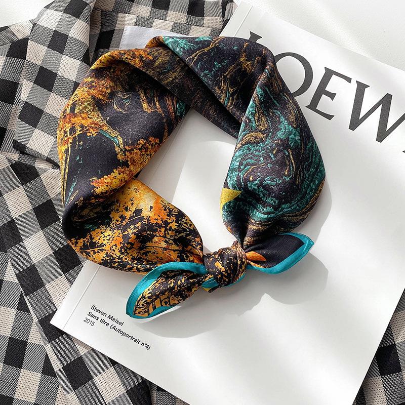 Korean version autumn and winter new printed silk small square scarf women's silk scarf decorative scarf warm scarf mulberry silk