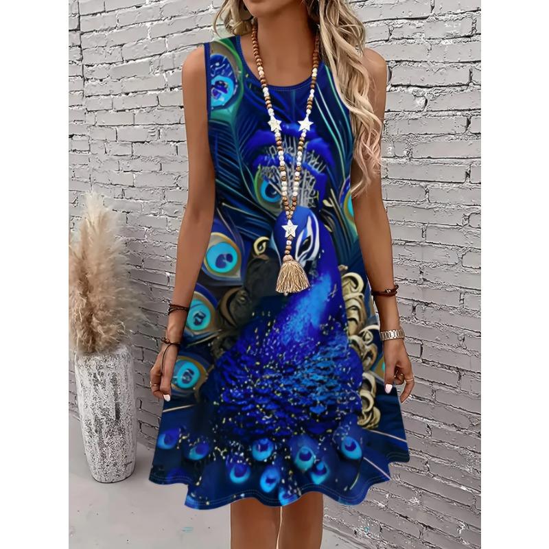 Women s New Summer Fashion Sleeveless Peacock Print Beach Vacation Dress S