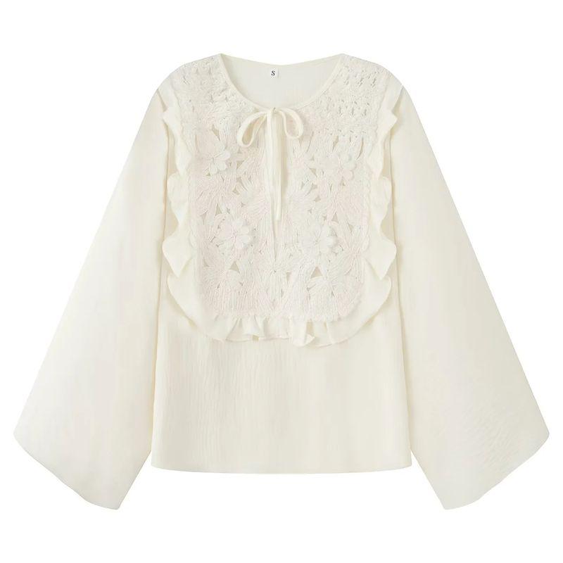 

round Neck Tied Hollowed Leisure Shirt 1282767 Three-Dimensional Plate Flower Lady Style Skirt 1285167 White Tops L