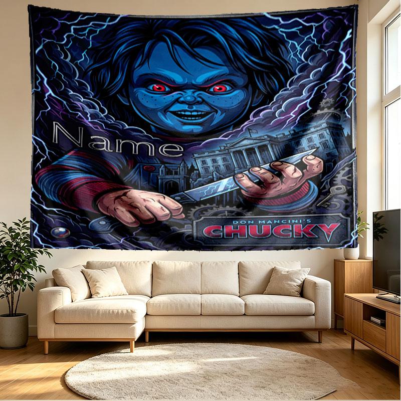 Arazzo Personalizzato con Nome Tema Horror Stampa Chucky, Decorazione Murale, Camera da Letto, Stanza Universitaria, Appartamento, Soggiorno, Sfondo per Feste, Regalo per Compleanno