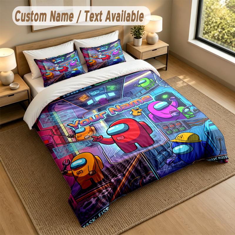 Custom Name Text Bedding 3Pcs Set,Among Us 1 Duvet Cover 2 Pillowcases Soft Bed Linen For Gift
