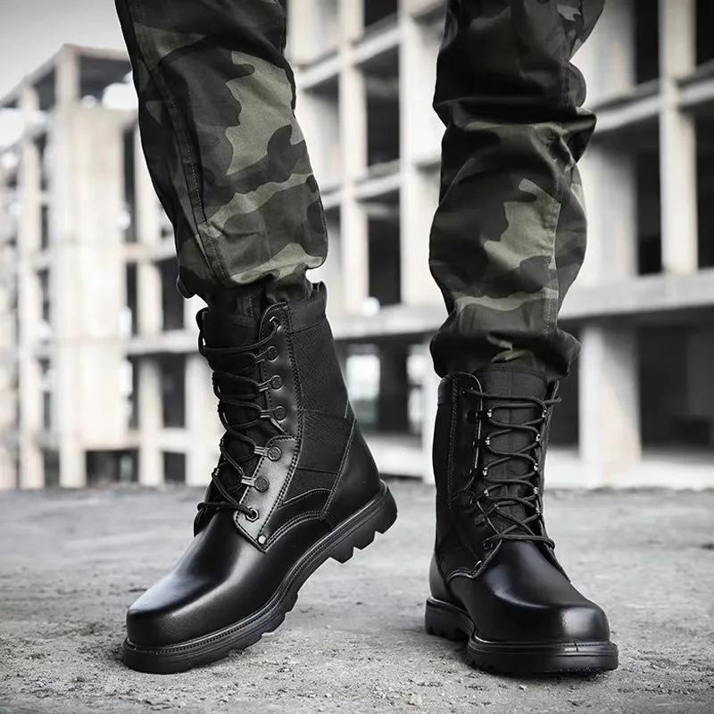 Scarpe da Uomo Moda Stivali di Sicurezza Stivali Alti in Pelle Nera Scarpe da Esterno per Uomo Stivali da Combattimento Tattici Stivali da Escursionismo Antiscivolo