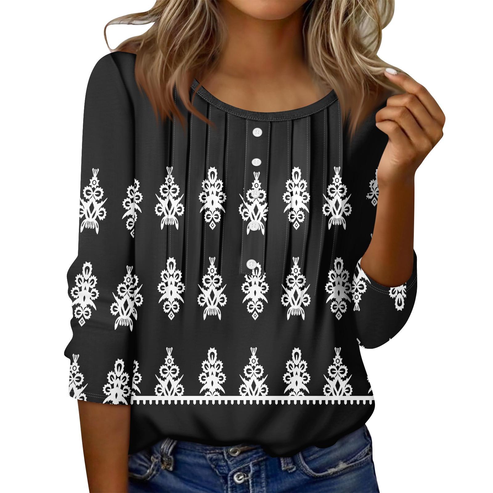 

Women s Round Neck Pull Stripe Decorative Button Top Casual Solid Color 3/4 Sleeve T Shirt L чорний