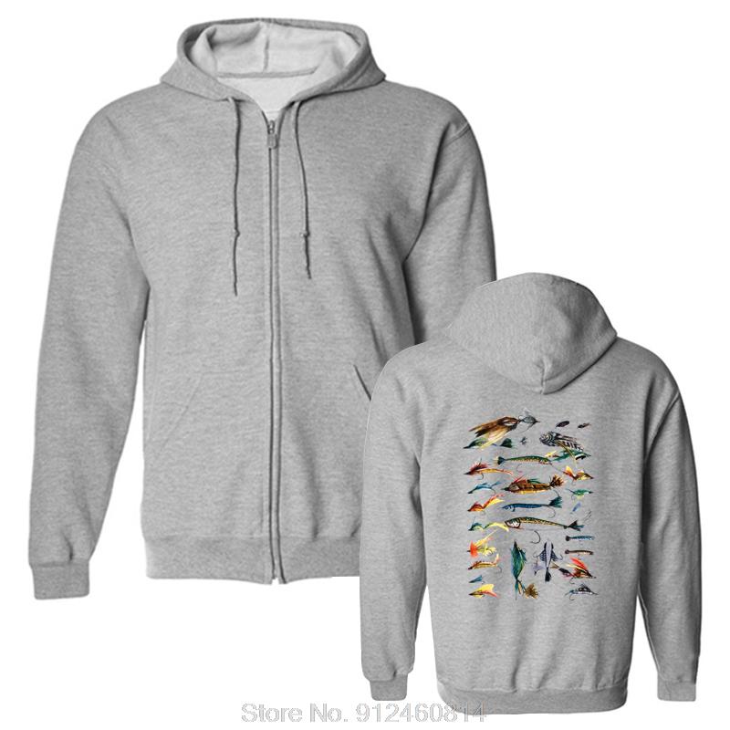 Vintage Fly Fishing Lures Print Funny Gift Hoodie Men Cotton Hoody Hip Hop Jacket Zip Up Hoodie Sweatshirt Harajuku Streetwear