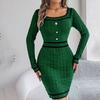 Autumn Winter Women's Square-neck Sweater Dress Mid-length Fitted Bodycon Dress Sexy Knitted Dress