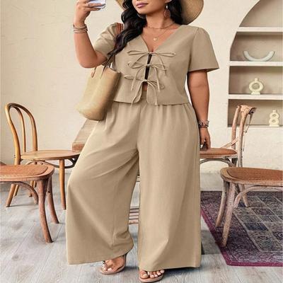 Damen Schnür-Anzug in Übergröße mit V-Ausschnitt und offenem Rückendesign, Oberteil ist locker und Hosen sind Wide-Leg