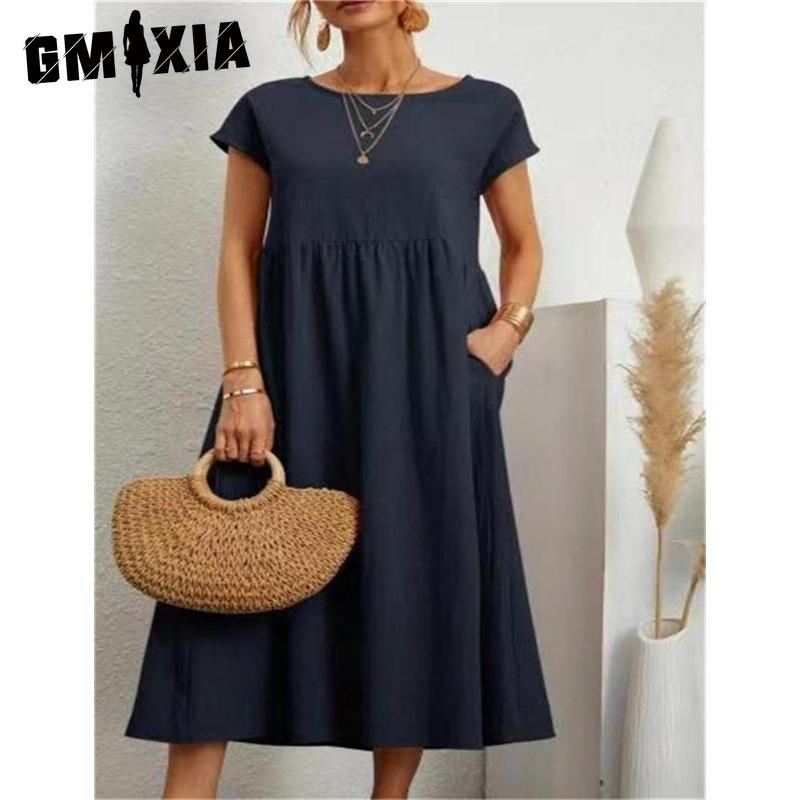 

GMXIA Жіночі модні літні весняні одноколірні повсякденні сукні з круглим вирізом і високою талією XL Темно-синій