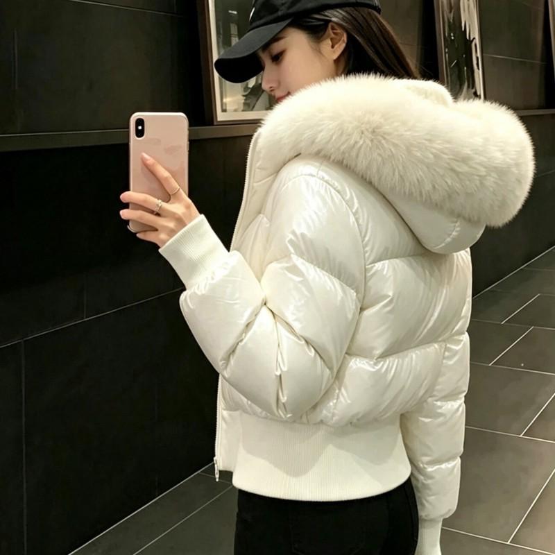 Womens Warm Puffer Coat With Faux Fur Trim Hood Water-Resistant Quilted Cotton Jacket Short Length Winter Outerwear