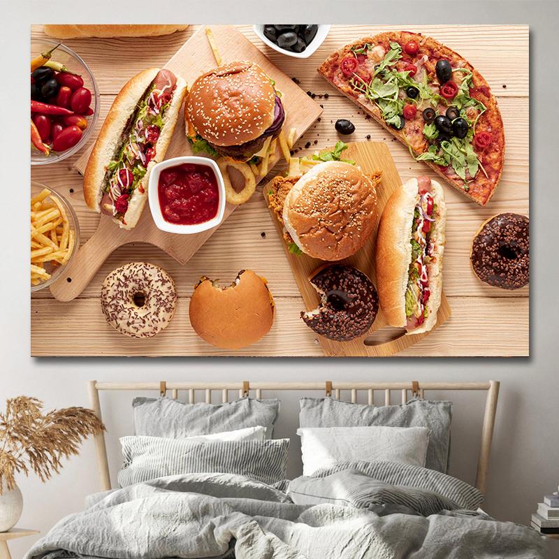 Amerikanischer Stil Fast-Food-Bilder, Leinwandgemälde, Hamburger, Pommes, Hot Dog, Poster und Drucke für Wohnzimmer, Küche, Wanddekoration
