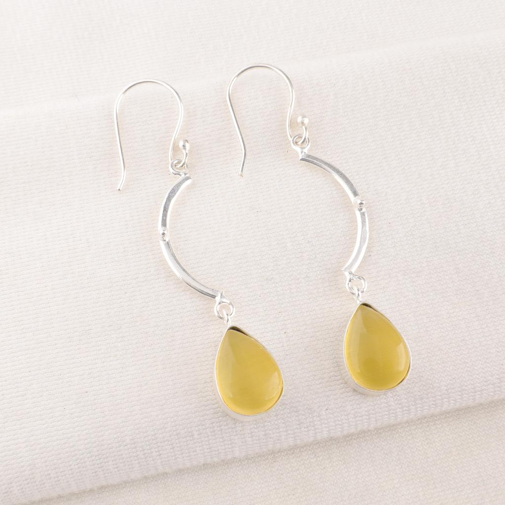 Žluté náušnice Kočičí oko Ručně vyráběné šperky z drahých kamenů, Náušnice z masivního sterlingového stříbra 925, Šperky s jedinečným designem