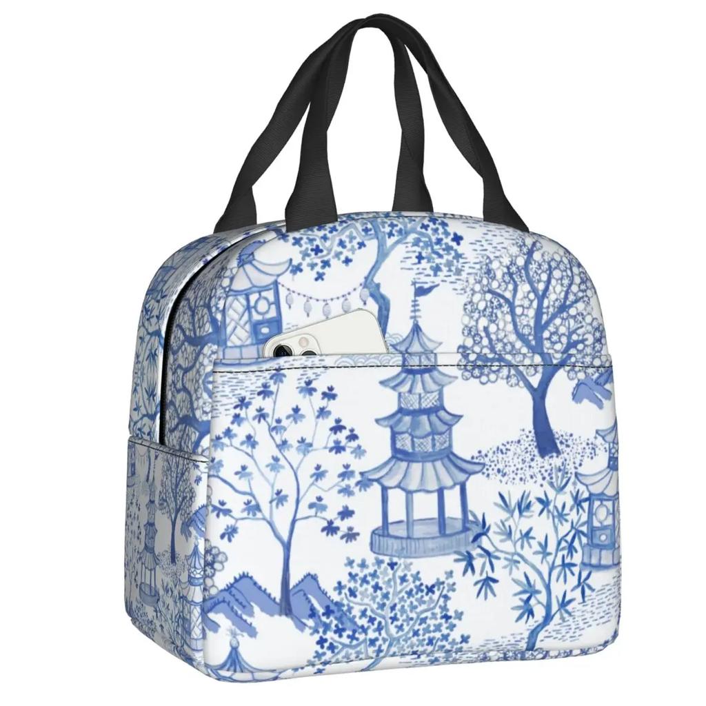 Porcelain Blue Oriental Bird Pattern Insulated Lunch Bag for Camping Travel Chinoiserie Thermal Cooler Lunch Box Women Kids