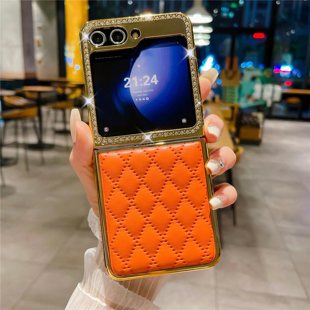 

Luxury Bling Diamond Leather Plating Case For Samsung Galaxy Z Flip 6 Flip 5 Flip 3 4 Shockproof Cover Funda For Galaxy Z Flip 4