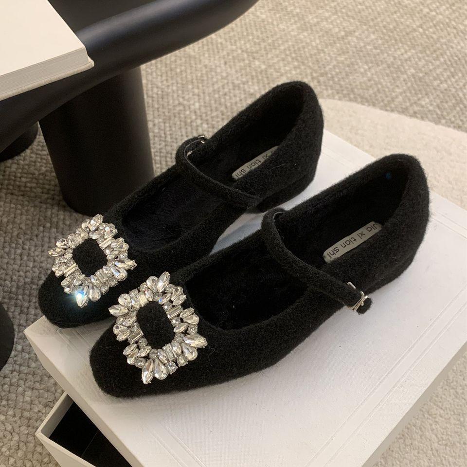 

Пушистые туфли со стразами женские 2025 зима бархатные теплые хлопковые туфли одинарные туфли французский вечерний бриз фея толстый каблук туфли Мэри Джейн 39