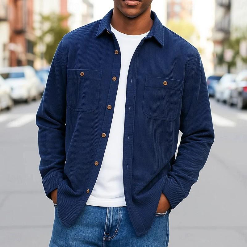Autumn Winter Men's Solid Color Corduroy Double Pocket Button Long Sleeve Casual Shirt