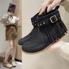 Foreign Trade Large Size Retro Autumn and Winter Short Boots Women's Belt Buckle Stitching Retro Fringed Flat Bottom Short Boots