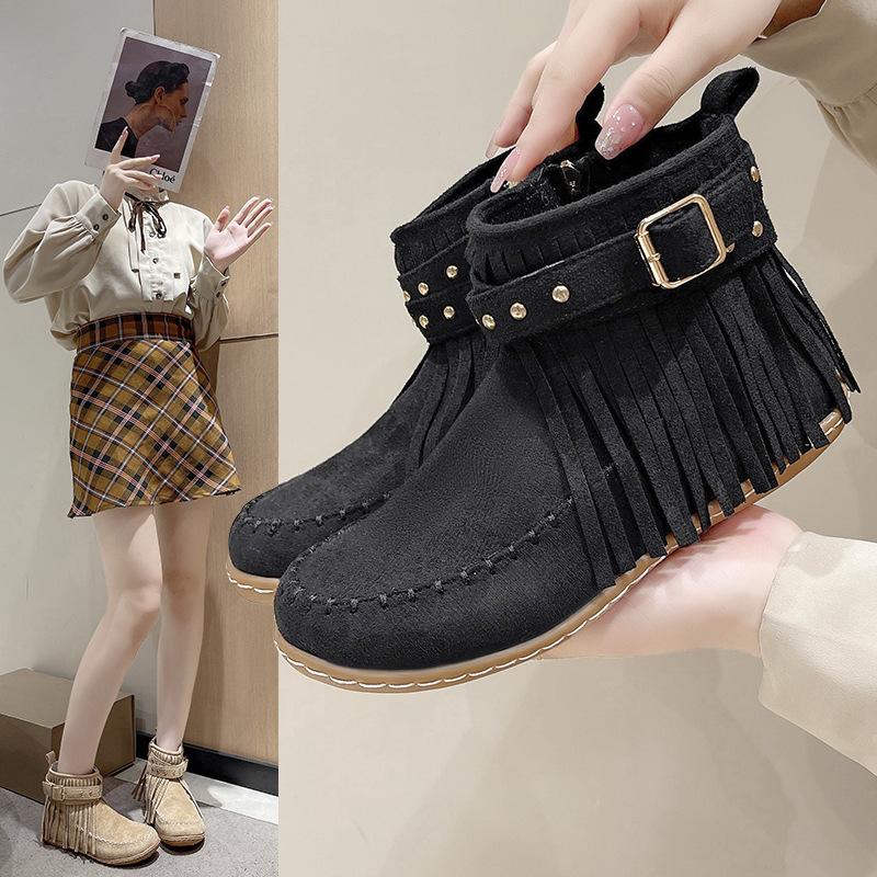 Foreign Trade Large Size Retro Autumn and Winter Short Boots Women's Belt Buckle Stitching Retro Fringed Flat Bottom Short Boots