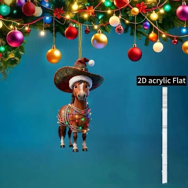 Cartoon Cute 2D Acrylic Horse Pendant Car Rearview Mirror Hanging Christmas Tree Ornament New Year Party Home Decoration