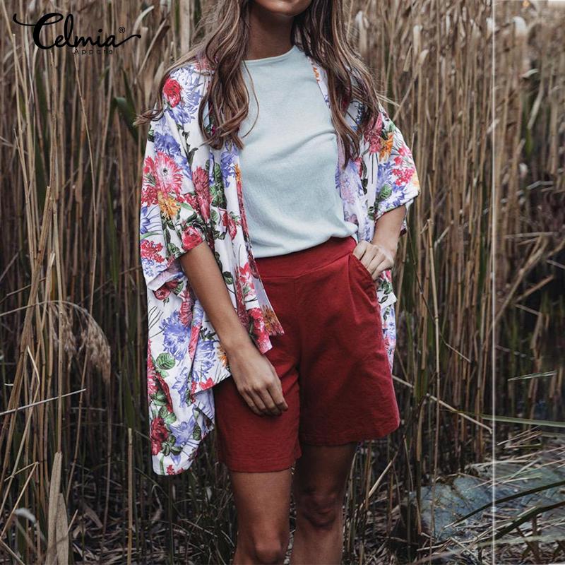 

Celmia Лето Весна Женский цветочный принт Праздник Длинные пальто HCover Up Tops