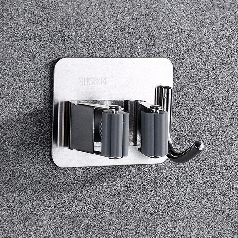 Stainless Steel Storage Wall Hanging Mop Hook Hanger Punch-Free Bathroom Mop Clip Strong Adhesive Hook