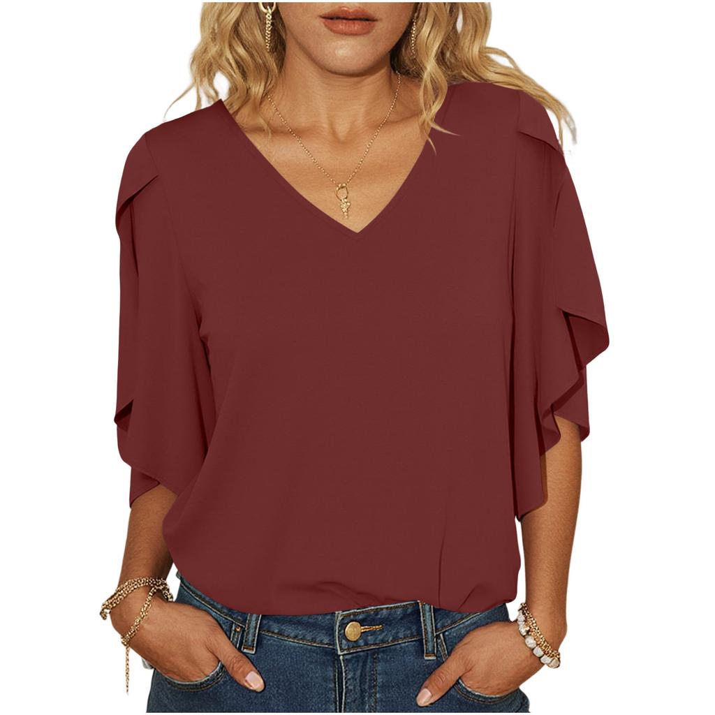 Women's Loose Fit Chiffon Blouse V Neck Casual Top Lightweight Flowing Sleeve Shirt for Everyday Wear