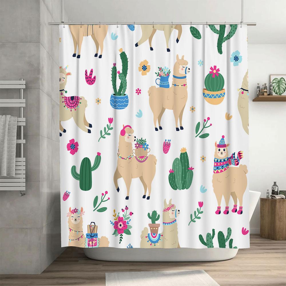 Charming Bathroom Curtain With Llama Pattern 3D Printed Waterproof Shower Curtains For Home Decoration In Pastel Colors