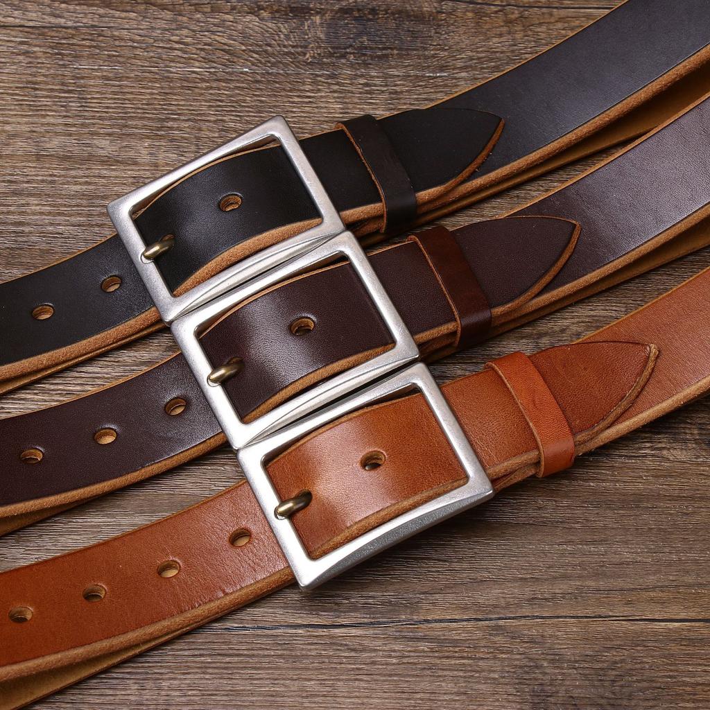 Belt Men's Stainless Steel Buckle Tea Core Leather Thickened First Layer Leather Simple All-Match Casual Jeans Belt Men's