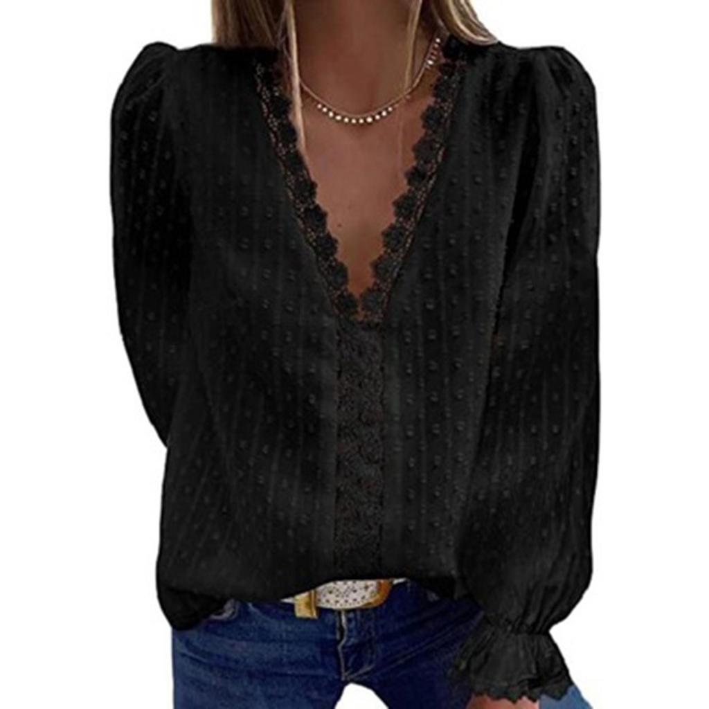 Women's Blouse V-neck Chiffon Shirt Embroidered Lace Long Sleeve Tops