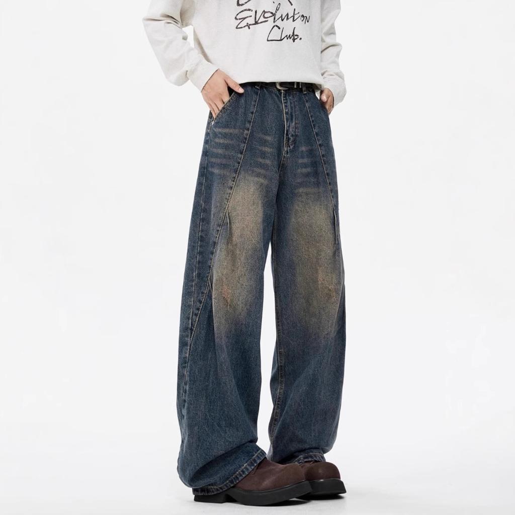 JYL Men's Wide-Leg Jeans American Vintage Washed Blue High-Street Loose Straight Denim