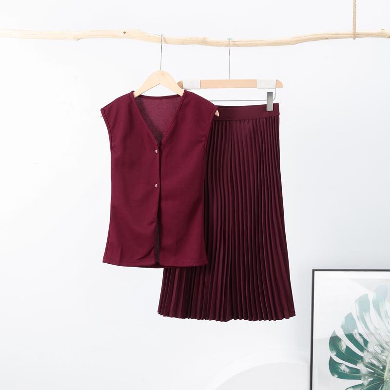 

Женский трикотажный комплект из юбки, винно-красный, с V-образным вырезом, без рукавов, тонкий жилет, однотонная плиссированная юбка с высокой талией, уличный женский наряд XL вино красного