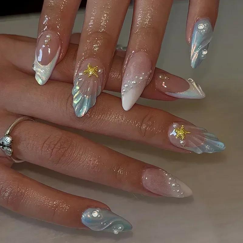 24Pcs Pink Almond False Nails Butterfly Ballet with French Design Wearable Fake Nails Simple Artificial Press On Nails Tips Art