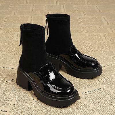 Damen Baumwollstiefel mit dickem Absatz Winter Neu Runde Zehenpartie Spleißung Elastisches Tuch Reißverschluss hinten Dicke Sohle Rutschfest Kurze Stiefel