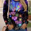 Women's Casual Long Sleeve T-Shirt  Happy New Year Fireworks Print Round Neck Pullover, Vibrant Geometric Pattern Top