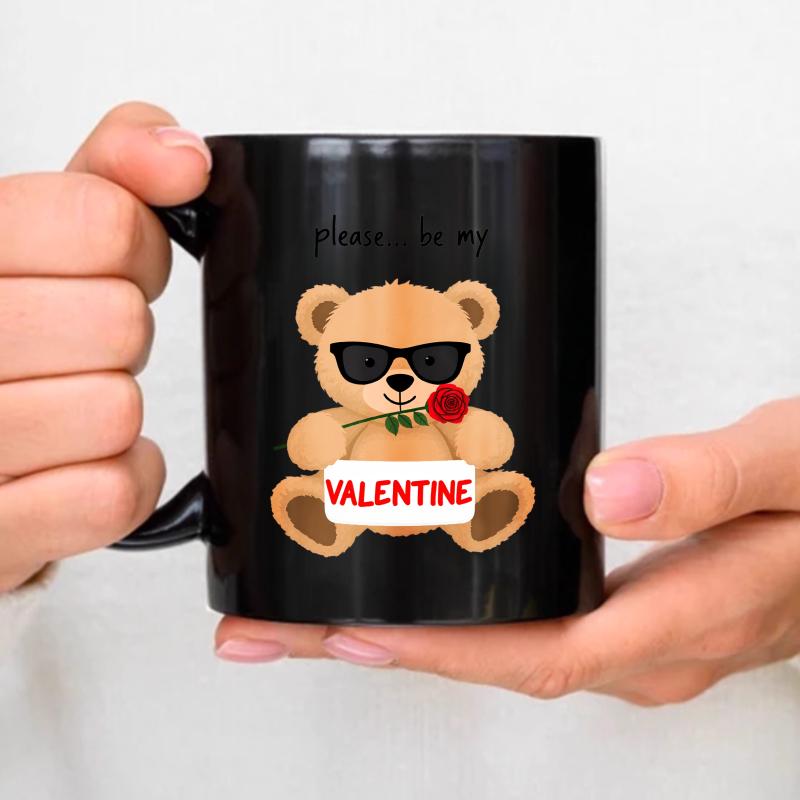 Teddy bear mug, black, please be my Valentine s gift, with roses and sunglasses, special for Valentine s Day. чёрный