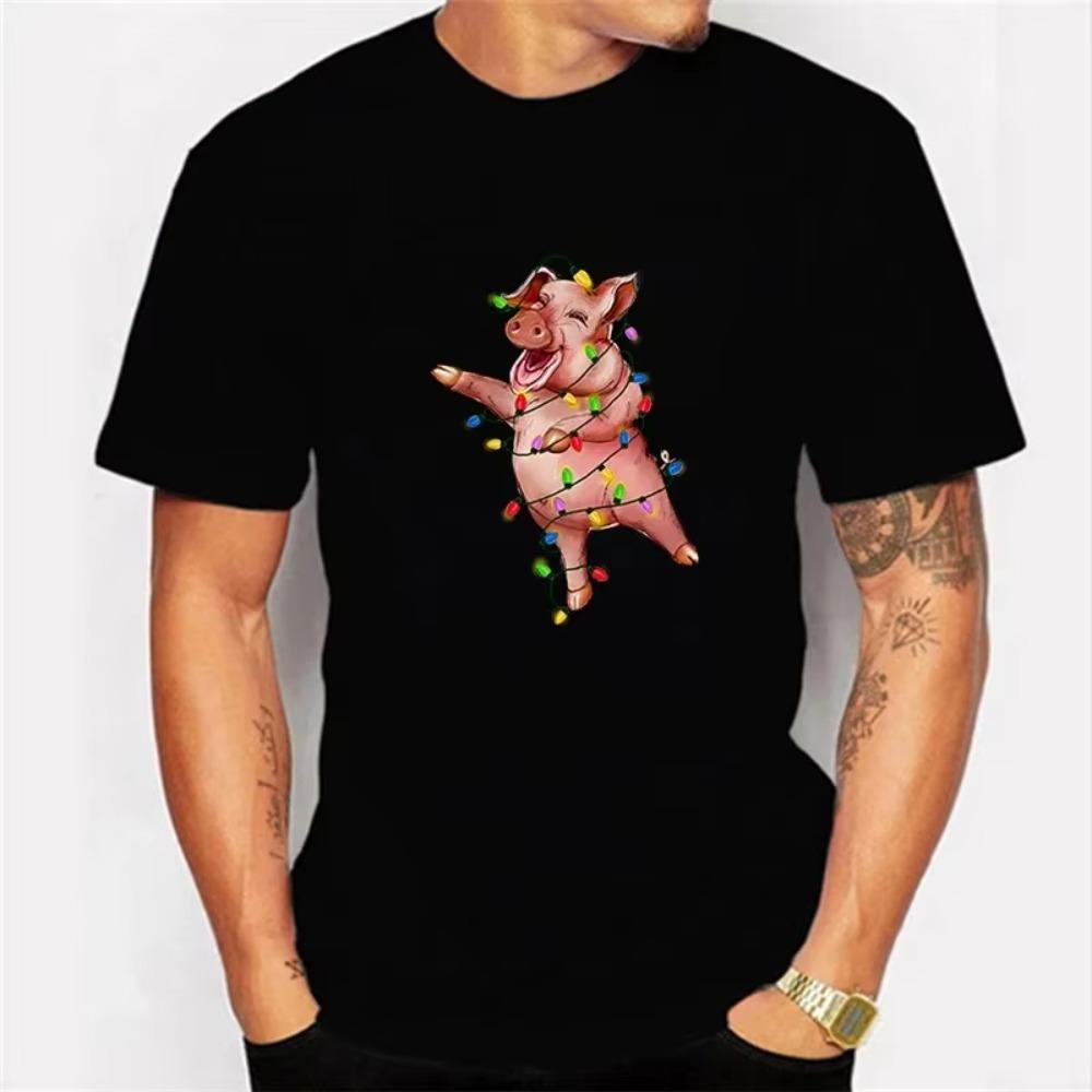 Christmas lights pig Tees Men's T-shirt Christmas T Shirt Happy New Year Tshirt Christmas Tees Fashion Harajuku Men's Shirt Tops