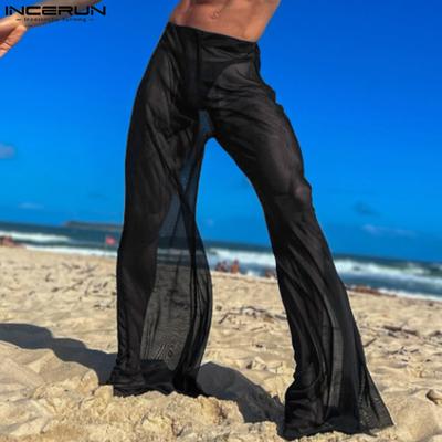 Calças transparentes de cintura alta masculinas de verão calças largas de rede arrastão