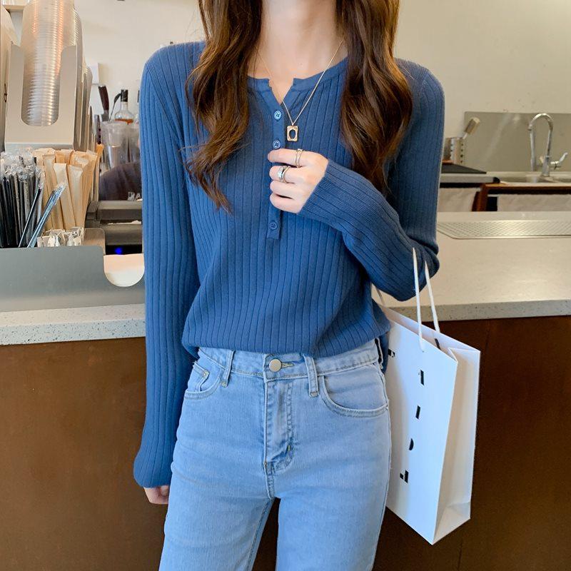 Spring Japanese Style Slimming Long Sleeve Knitted Top for Women