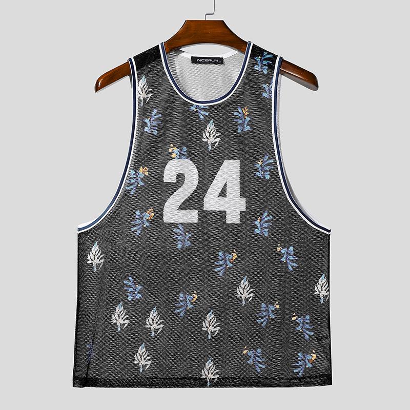 INCERUN Ärmellose Herren-Tanktops aus durchsichtigem Netz mit Print, Racerback