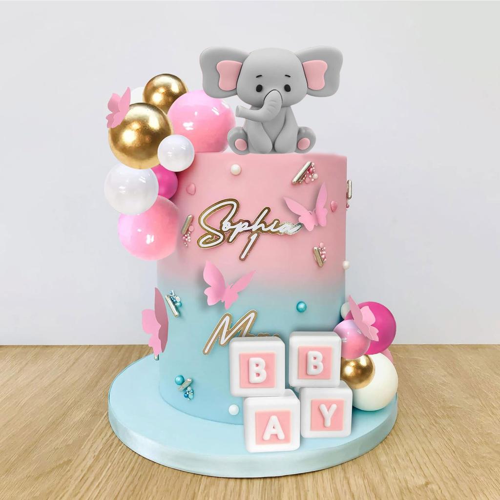 29Pcs Elephant Cake Decoration  Pink BABY Letter Cake Toppers Gold Pink White Ball for Baby Shower Elephant Theme Party Supplies