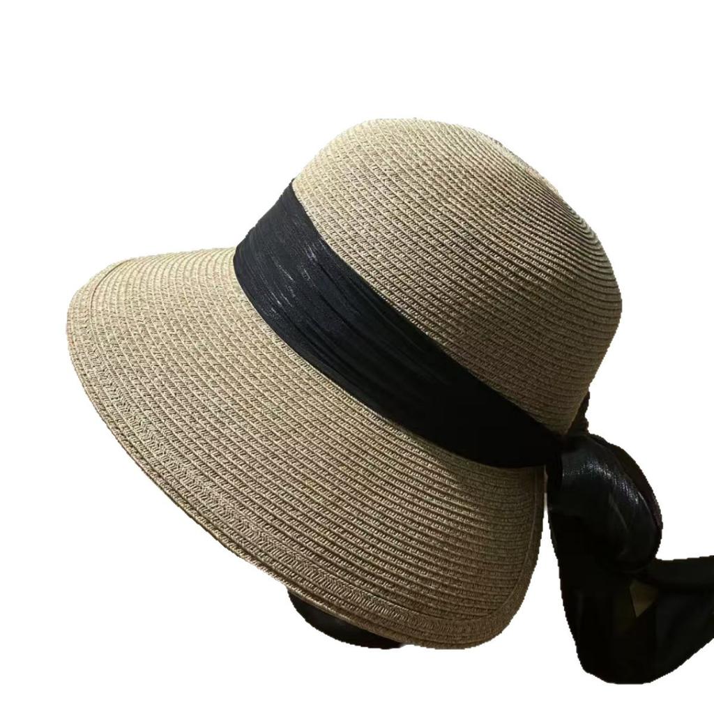 New beach hat women's vacation sunscreen straw hat summer shading big eaves foldable seaside bow straw hat
